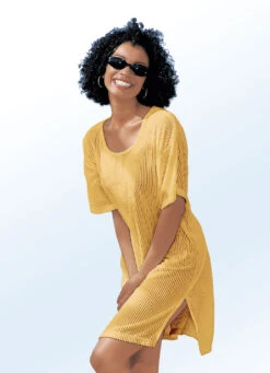 Frottier-Kleid Mit Streifenstruktur Und Kurzen Ärmeln -Banes Noble Geschaft frottier kleid mit streifenstruktur und kurzen aermeln farbe safran groesse 050