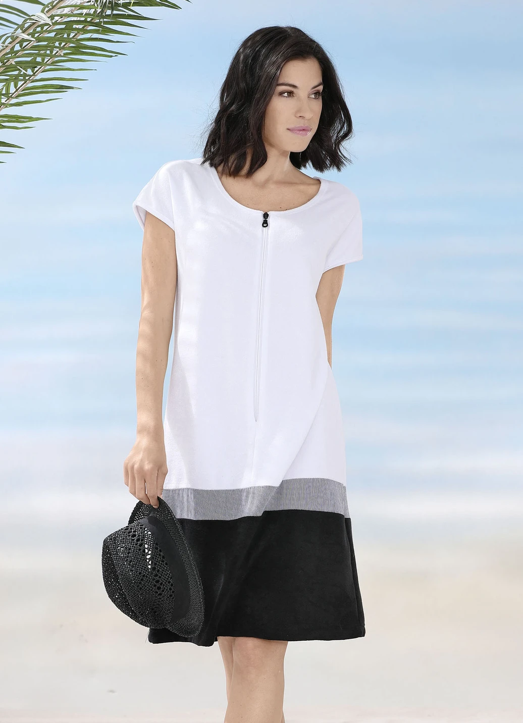 Banes Noble Geschaft -Banes Noble Geschaft frottier kleid mit reissverschluss und ueberschnittenen aermeln farbe weiss schwarz groesse 038